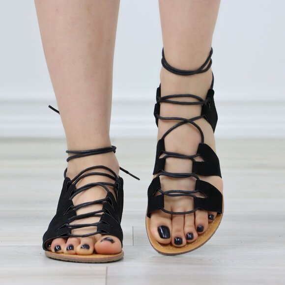 Black Faux Suede Strappy Open Toe Flat Sandals Gladiator - Picture 9 of 11